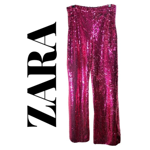 NWT ZARA LIMITED EDITION RED SEQUIN WIDE LEG PANTS, SIZE MEDIUM - Picture 3 of 13